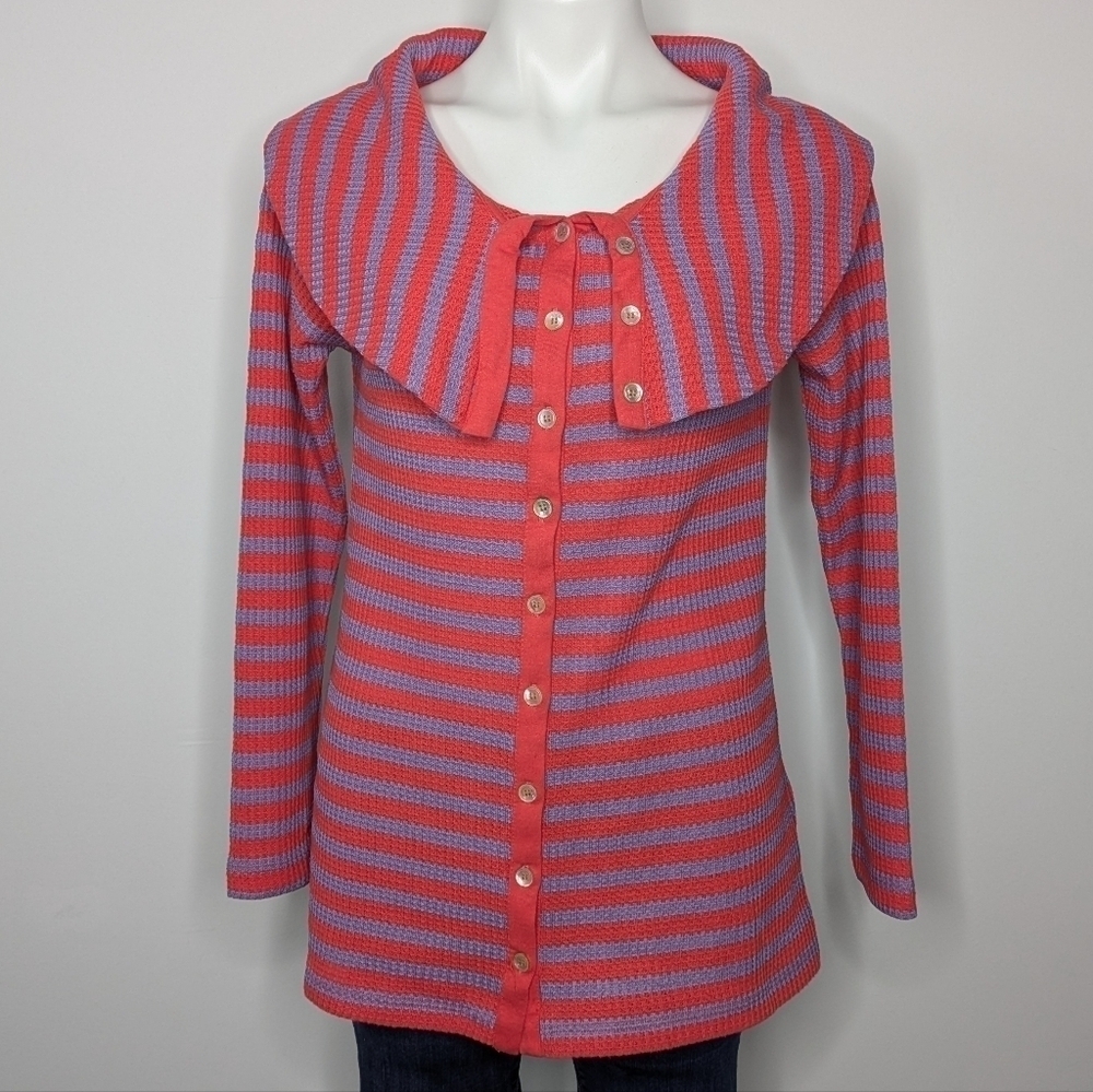Soft Surroundings red purple striped collared button up waffle knit top S